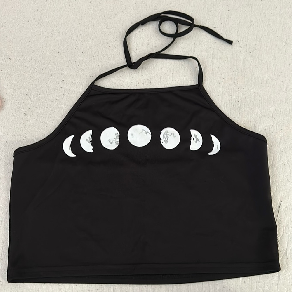 Black ‘Moon phases’ Cropped Halter Top (M)